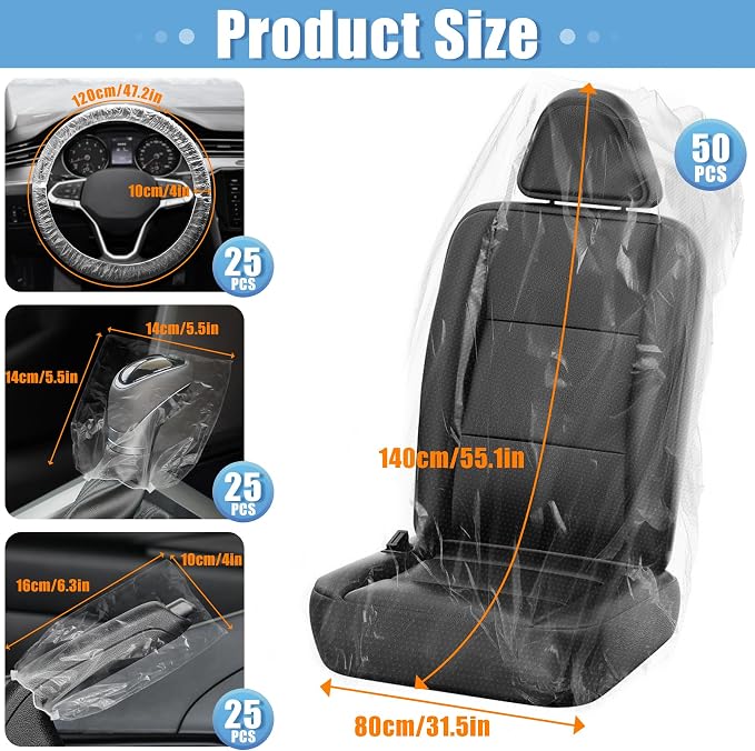 MYFAMIREA 125 PCS Disposable Car Seat Covers Clear Plastic Vehicle Seat Protector Set with Steering Wheel, Gear Shift and Handbrake Covers, Universal for Cars Auto Truck Bus Airplane - Image 2