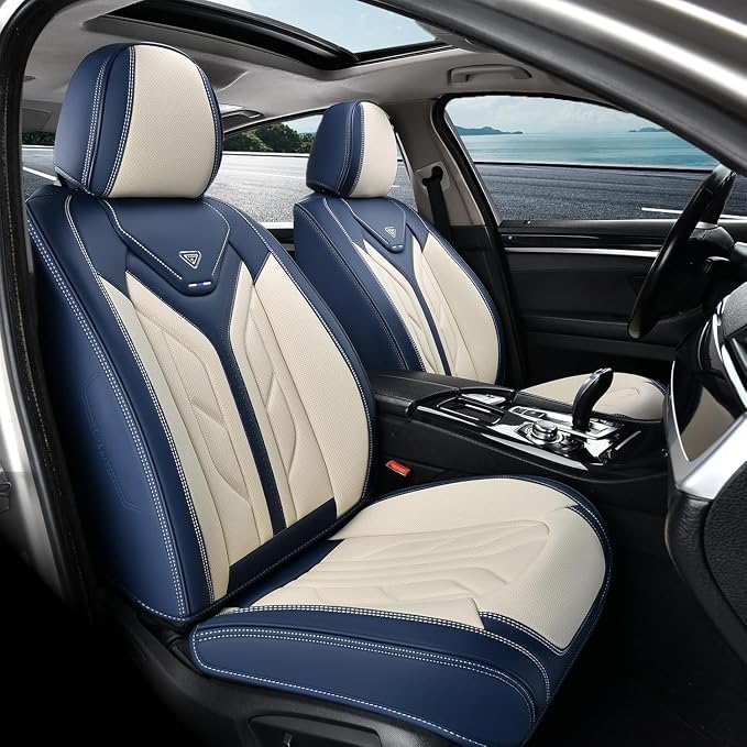 Coverado Car Seat Covers Full Set, Leather Seat Covers for Cars, Waterproof Automotive Seat Covers Car Seat Protectors Car Accessories Universal Fit for Most Sedans SUV Pick-up Truck(Blue&Beige) - Image 9