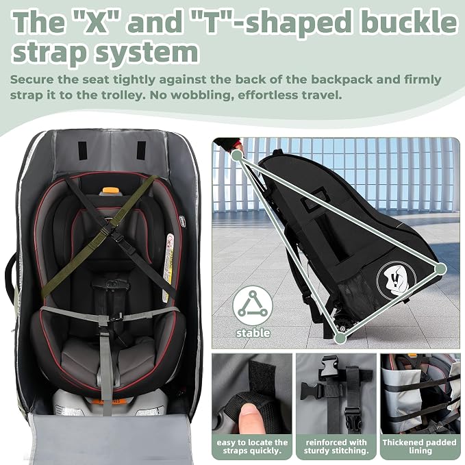 Rolling Car Seat Travel Bag with Wheels – Car Seat Backpack Transport Case for Airplane Travel, Fits Convertible & Booster Seats, Protective Storage Cover, Black - Image 3