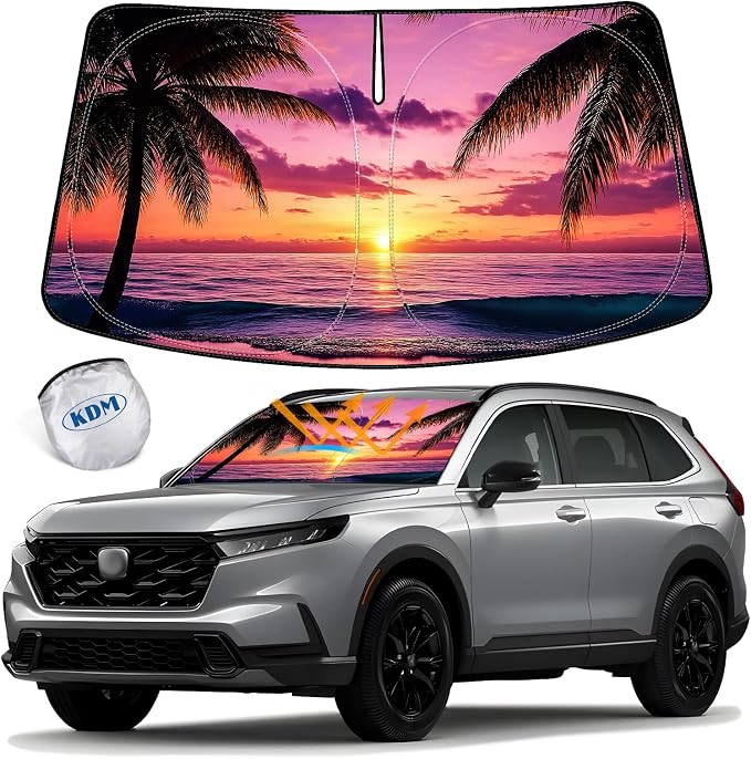 KDM Sunset Beach Style Windshield Sun Shade for Honda CR-V 2017-2022 | 2018 2019 2020 2021 CRV,Foldable Front Reflective Windows Sunshade Visor Protector Blocks UV Rays Heat by KDM