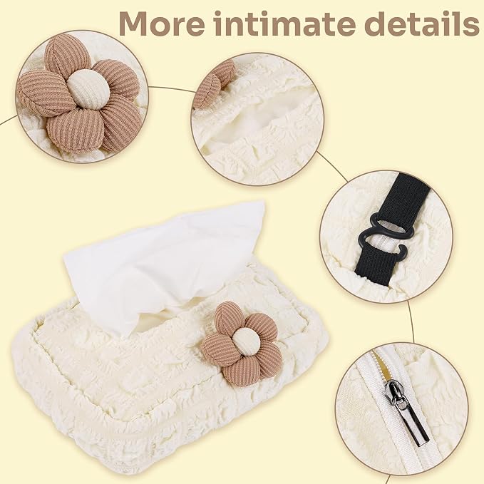 Lace Car Tissue Holder, Cute Flower Napkin Dispenser for Visor & Backseat, Hanging Soft Paper Storage Bag, Aesthetic Car Interior Accessories for Women (Cream White) - Image 2