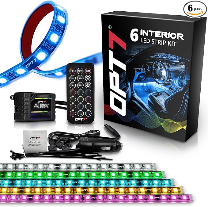OPT7 Aura RGB Interior SUV & Van Lights with Remote Control, 6PC LED Kit | Extended Footwell Lighting, Full SUV Coverage, 3-Row Car Decor, Interior Ambient Glow, Sound Sync,12V LED Strips by OPT7