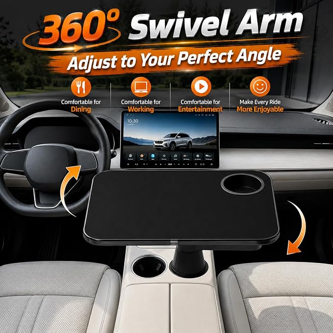 Car Tray Table for Laptop and Food, 360° Rotating Adjustable Car Desk with Cup Holder,Leather Surface, Adjustable Vehicle Seat Tray for Eating, Working, Road Trips, Fits Tesla Model 3/Y/S&Most Cars - Image 2