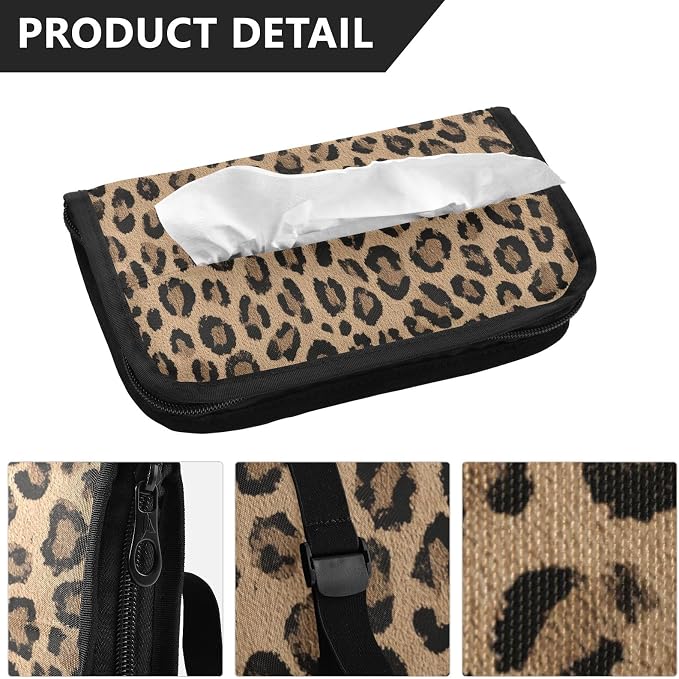 Car Tissue Holder Car Napkin Holder Box Dispenser Storage Case Sun Visor Mask Holder with Adjustable Straps Reusable Refillable Brown Leopard Print - Image 3