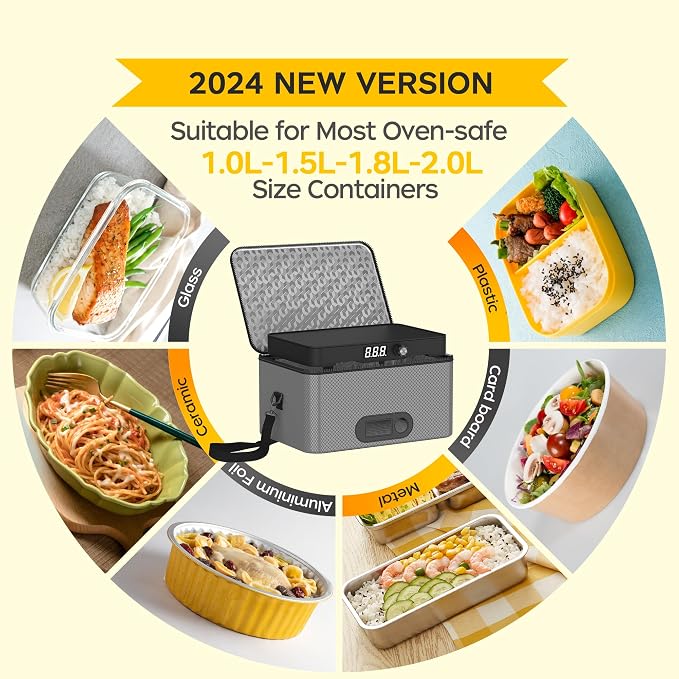 Portable Oven, 12V 24V 110V-240V Car Food Warmer Portable Personal Mini Oven Electric Heated Lunch Box for Meals Reheating & Raw Food Cooking for Road Trip/Camping/Picnic/Family Gathering(Gray) - Image 4