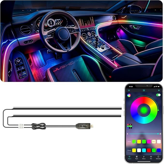 Jushope Interior Car LED Strip Lights, USB Car Ambient Lighting (2 in 1) | Dynamic Dream-color Chasing Wireless APP Control Music Sync Flexible Acrylic LED Lights for Car by Jushope