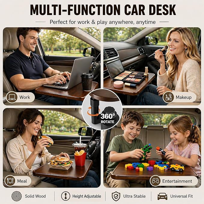 Wisamic Car Table Tray & Car Desk for Laptop - 360° Wooden Cup Holder Table | 360° Rotation Drive Thru Car Food Tray, Height-Adjustable Car Laptop Desk Mount, Fits for Tesla Model Y/3/S and Most Vehicles - Image 2