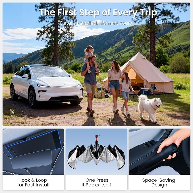 REEVAA Windshield Sun Shade Umbrella for Tesla Model 3 2017-2026, Z04 | Stay Cool in Summer, 6-Layer Heat Defense Blocks Sun & Heat, Precision Fit for Tesla Model 3, Durable 27-Rib Frame - Image 6