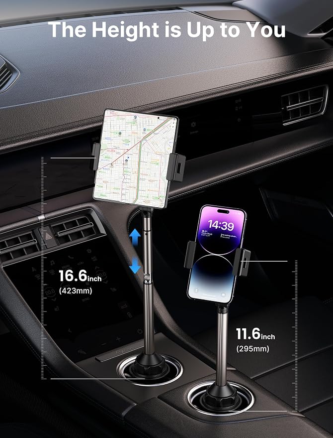 JSAUX Car Cup Holder Phone Mount for Foldable Phones & Mini Tablets | Sturdy Metal Long Arm, Flexible Height and Angle, Adjustable Base, Secure Phone Grip, Fits 2.17-4.33 in Car Cup Holders - Image 4
