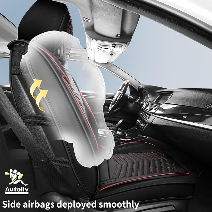 HChengkikz Front Car Seat Cover, Waterproof Faux Leather (Black + Redline) | Easy Maintenance, Airbag Compatible, Universal Fit For Most SUVs Trucks Pick-ups Sedans - Image 3