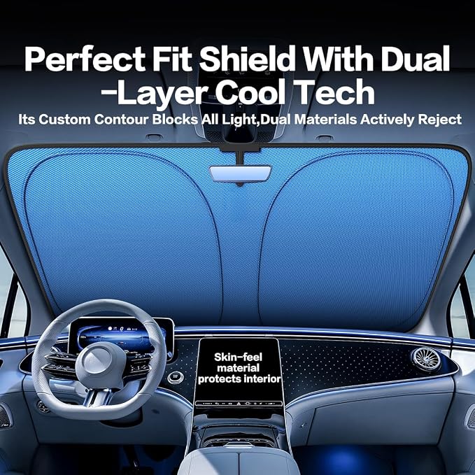 Titanium Silver Windshield Sun Shade for Ford F150 2021-2025 | Ice Blue Reflective Layer, UPF 50+ UV and Heat Blocking, Foldable, Hot-Weather Interior Protection, for Cars, SUVs and Trucks - Image 3