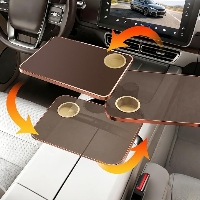 Car Tray & Desk for Laptop, Dual 360° Rotating, Anti-Slip Leather Surface, Steering Wheel Tray, Car Accessories- Compatible with Tesla Model Y/3/S, Ford F150/Explorer/Most Vehicles (Brown) - Image 5