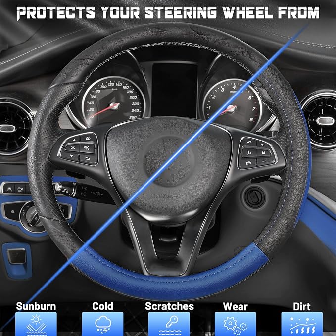 SEG Direct Steering Wheel Cover 14.5-15 inch Car Auto Interior Accessories | Universal Medium Standard Size 37-39cm for Car Truck SUV, Microfiber Leather, Anti-Slip Comfortable Grip, Black and Blue - Image 4