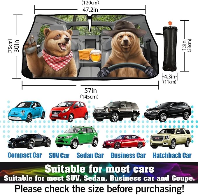 Funny Bear Driving Car Windshield Sun Shade Umbrella Fun Bear Sunshades for Car Windshield Upgraded Sun Visor Protector for Sedan SUV Most Vehicles Printed Front Window Shades - Image 6