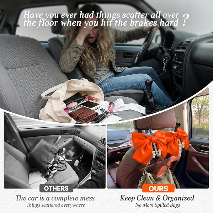 2PCS Satin Bow Pearl Car Seat Headrest Hooks – Car Bag Holder & Vehicle Hanger for Purses – Cute Coquette Aesthetic Interior Decoration – Cute Auto Organizer Accessories Universal (Orange) - Image 4