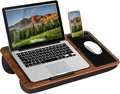 LAPGEAR Home Office Lap Desk – Espresso Woodgrain, Fits 15.6” Laptops | Built-In Mouse Pad & Phone Slot, Integrated Device Ledge, Dual-Bolster Microbead Cushion, Carry Handle by LapGear