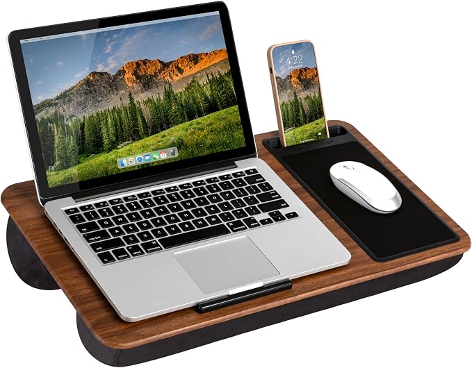 LAPGEAR Home Office Lap Desk – Espresso Woodgrain, Fits 15.6” Laptops | Built-In Mouse Pad & Phone Slot, Integrated Device Ledge, Dual-Bolster Microbead Cushion, Carry Handle by LapGear