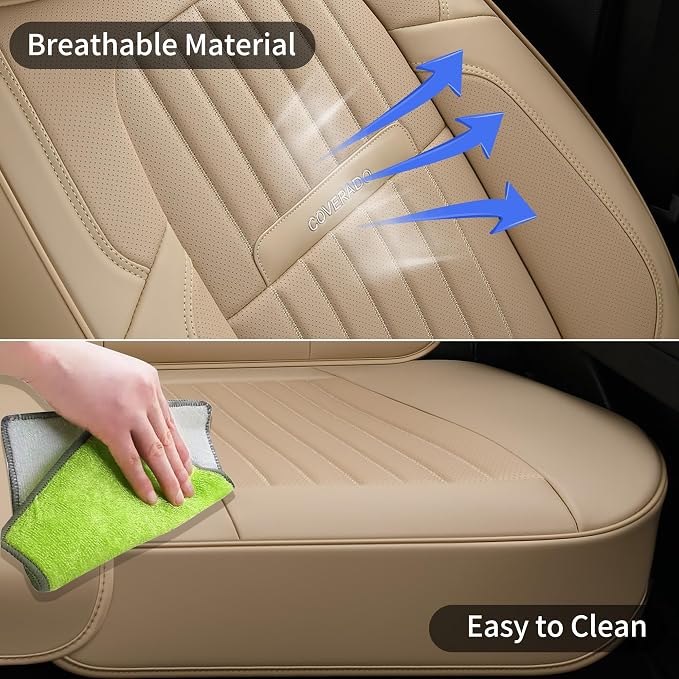 Coverado Beige Nappa Leather Car Seat Covers, Universal Fit Front Seats, 2-Pack Waterproof Seat Covers, Perforated Faux Leather, Compatible with Most Cars Trucks - Image 5