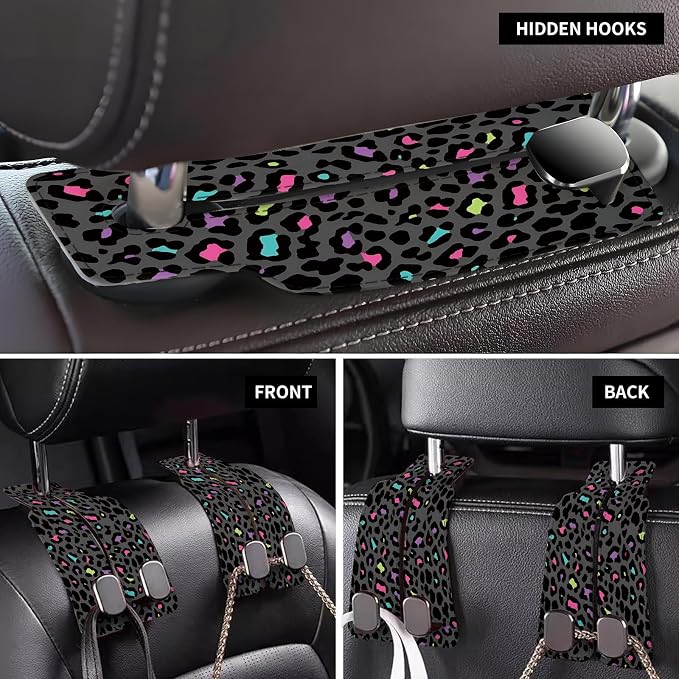 Car Seat Back Storage Headrest Hook, Premium Leather Double Metal Hook, Hanger Storage Organizer for Purse Cloth Bag, Car Interior Accessories Luxury Colorful Leopard - Image 4