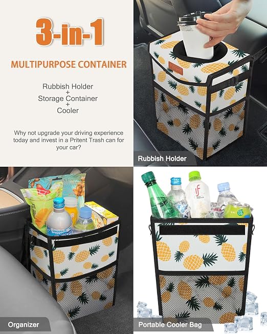 Pritent Car Trash Can with Lid Leakproof Car Garbage Bag Vehicle Trash Bin | Hanging Automotive Garbage Can,Multipurpose Car Accessories for Women Men Interior Car Storage Organizer(2.8 Gal,Pineapple) - Image 5