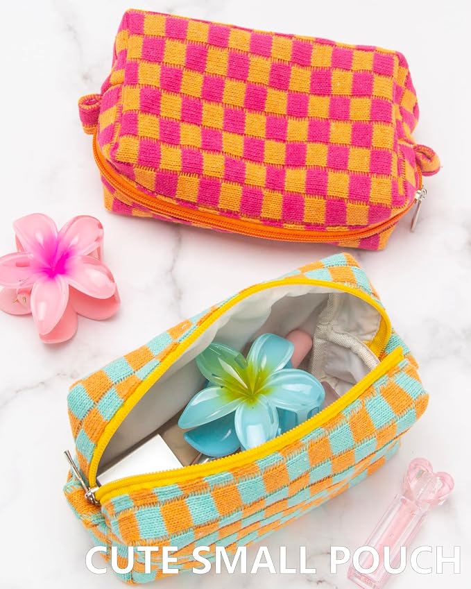 Checkered Makeup Bag for Purse, Small Cosmetic Pouch,Orange Green,2 Pack | Cute Zipper Makeup Organizer for Women, Travel Essentials, Toiletries, Makeup Brushes, Beauty Accessories&Bridesmaid Gifts - Image 4