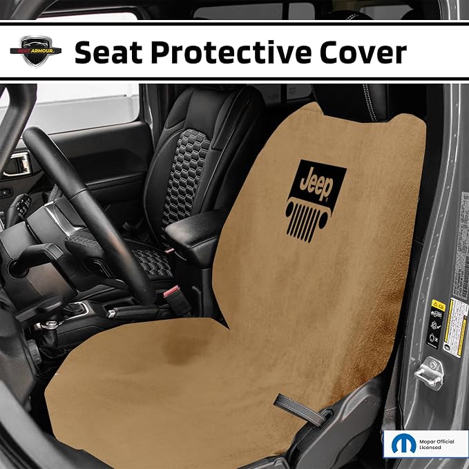 Seat Armour Seat Protector Towel 'Jeep with Grille' - Soft Machine Washable Jeep Seat Cover Towel - Easy to Install, Multipurpose Jeep Seat Towel - Tan - Image 2