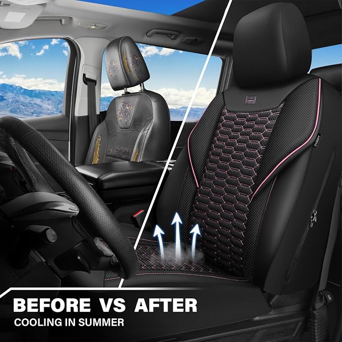 CAR PASS 3D Foam Mesh Leather Car Seat Covers Front Seats,Breathable Mesh Front Seat Covers for Women,Universal Fit for Cars SUV Truck Sedan Van Automotive, Armrest Airbag Compatible,Black and Pink - Image 6