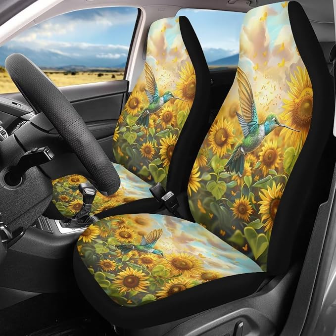 Hummingbird Sunflower Accessories 2 Pack Front Car Seat Covers, Automotive Interior Non-Slip Easy to Install Seat Cushion Protectors for Front Seats, Universal for Vehicles Trucks Vans SUV - Image 2