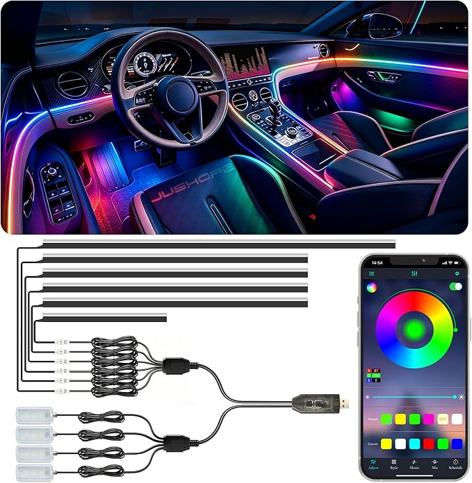 Jushope Interior Car LED Strip Lights, USB Car Ambient Lighting (10 in 1) | Dynamic Dream-color Chasing Wireless APP Control Music Sync Flexible Acrylic LED Lights for Car by Jushope