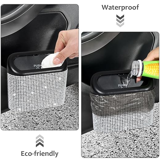 Accmor Bling Car Trash Can with Lid, Mini Auto Garbage Storage Bin with 60pcs Garbage Bags, Sparkling Crystal Trash Bags Holder Dustbin Vehicle Accessories Container Organizer (White Rhinestone) - Image 5
