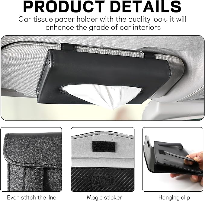 Car Tissue Holder, PU Leather Sun Visor Tissue Box (Black) | Wear-Resistant & Waterproof, Napkin & Mask Dispenser, Metal Memory Clips, Easy Refill, Fits Most Vehicles - Image 4