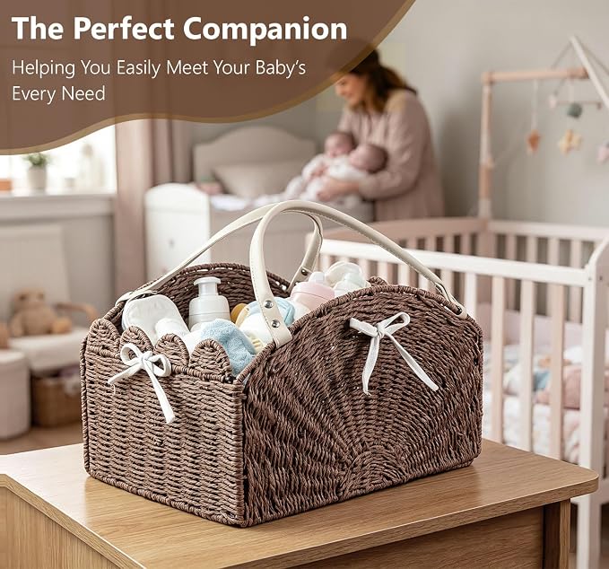 Diaper Caddy Foldable Collapsible Storage Basket Textured Woven Nursery Organizer with Removable Divider Portable for Changing Table Car Travel Baby Registry Essentials (Brown) - Image 5
