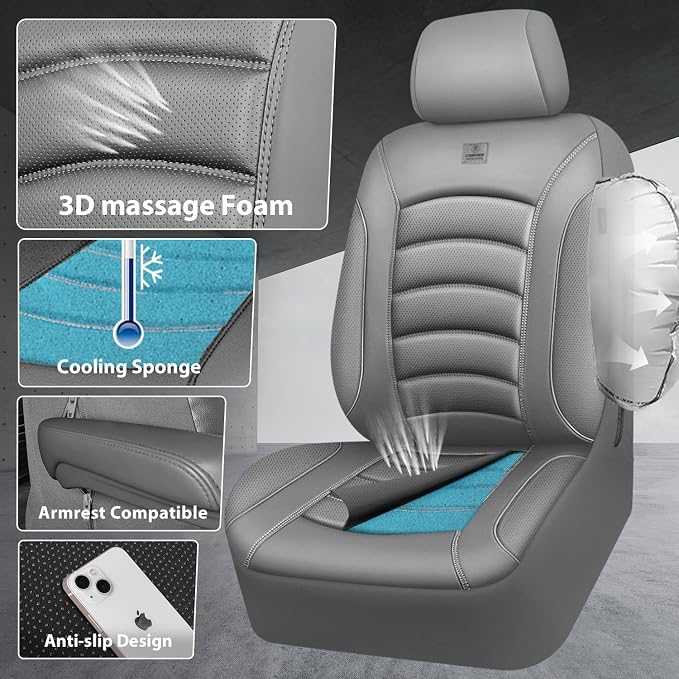 CAR PASS 3D Foam PU Leather Car Seat Covers, Universal Seat Covers Full Sets for Trucks SUV Sedan Automotive Seat Covers Armrest Airbag Compatible Waterproof Comfortable Faux Nappa Leather All Gray - Image 2