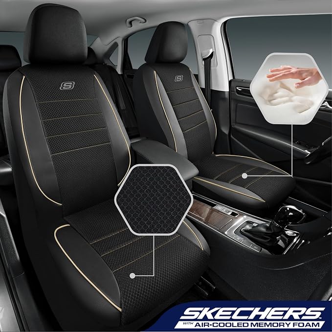 Skechers Air-Cooled Memory Foam Seat Cover, Mesh Thick Car Seat Covers,Piping Leather Car Seat Covers Front Seats, Airbag Compatible, Automotive Comfort for Most Cars, Vans, Trucks, SUV, Beige - Image 2