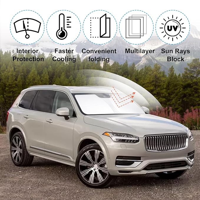 Windshield Sun Shade for 2016-2025 2026 Volvo XC90 Accessories | Full covered for windshield, Foldable & Durable, Block UV Rays, Reduce Heat, Easy to install, Keep Car Cooler - Image 2