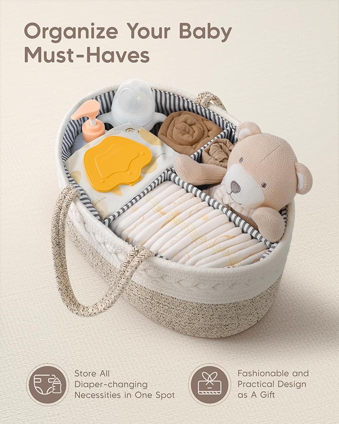 Maliton Diaper Caddy Organizer for Baby, Cotton Rope Baby Gift Basket, Portable Diaper Organizer for changing table, Nursery Storage Organizer, Shower Gifts for Newborn,baby essentials | 100% Cotton Rope Baby Caddy, Soft Yet Structured, Nursery, Car & ... - Image 4