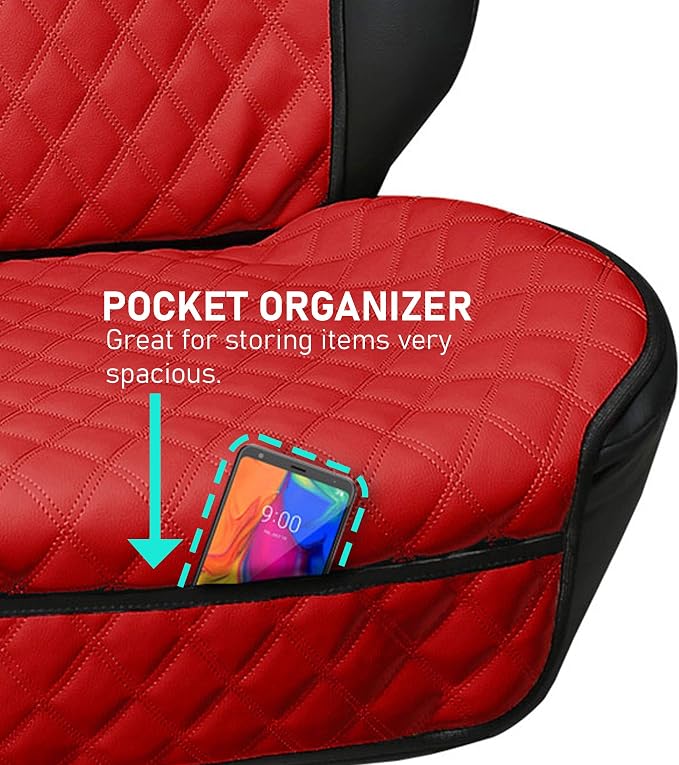 FH Group Car Seat Cushion – Faux Leather Single Front Seat Cover with Front Pockets, Airbag Compatible, Universal Fit Car Seat Cushion for Driver or Passenger Seat, SUV, Truck, Sedan & Van – Red - Image 2