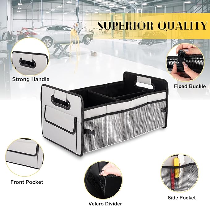 JiatuA Car Trunk Organizer, Collapsible Car Organizers and Storage Grey | Sturdy, Large Capacity, Clean Decor, Multi Compartment Container Box, Adjustable Car Accessories for SUV Sedan Truck - Image 2