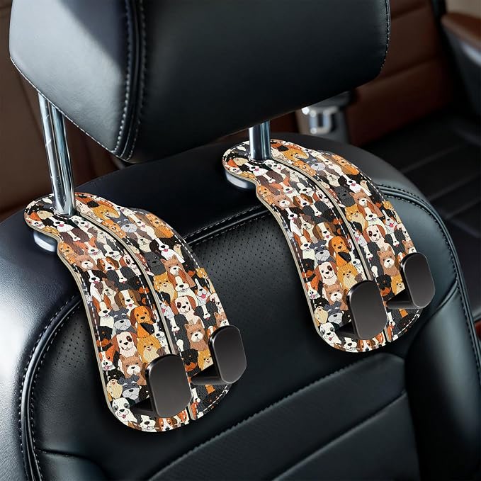 Blusabaca 2PCS Car Seat Headrest Hooks, Purses Bags Holder, Cute Dogs Puppy | PU Leather, Double Metal Back Storage Hangers for Grocery Bags Handbags Bottles Coats Phones, Car Accessories Organization by Blusabaca