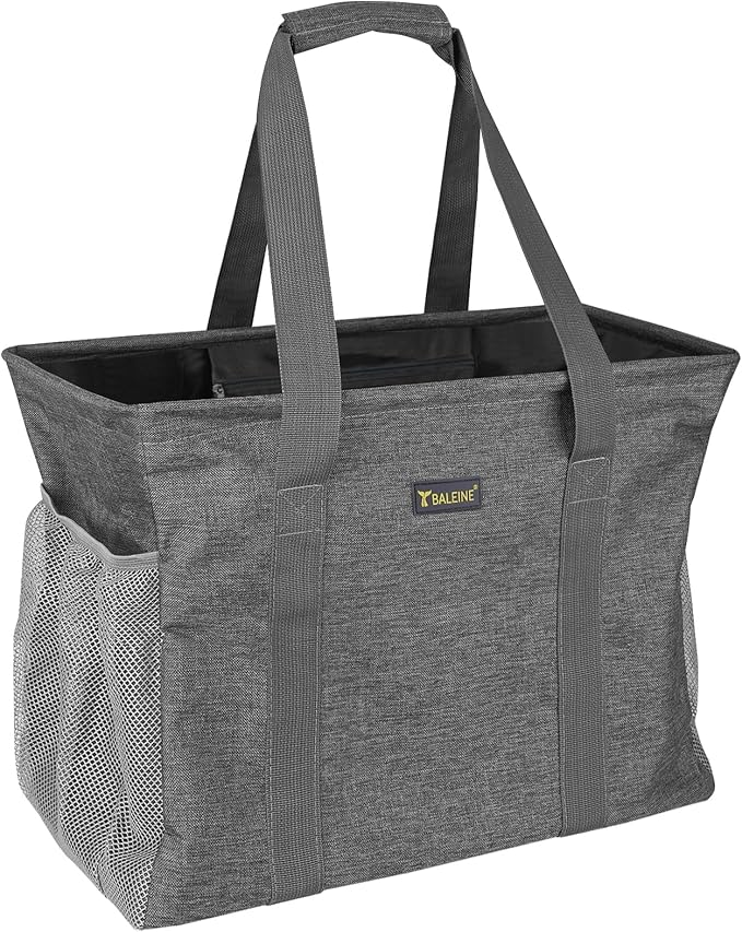 BALEINE Extra Large Utility Tote Bag with Reinforced Wire Frame, Reusable Grocery Bag for Shopping, Picnic (Grey, 16.5''x14''x10'') by BALEINE