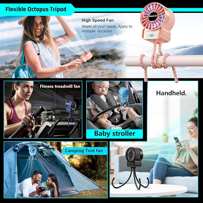 2 Pack Multifunctional Portable Stroller Fan 4 Speed 6600rpm High Speed Usb Rechargeable Personal Mini Handheld Fan Extended Tripod For Desktop Winding Kids Bed Treadmill Bike Golf Cart Outdoor Travel - Image 6