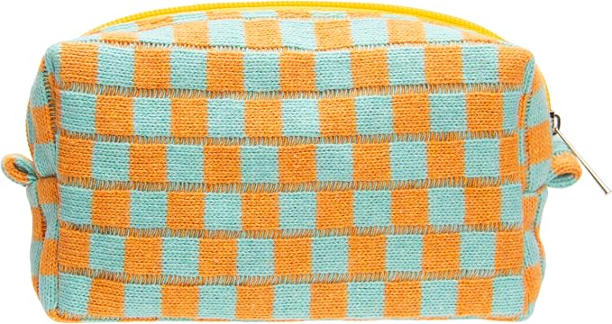Checkered Makeup Bag for Purse, Small Travel Cosmetic Pouch,Orange Green | Cute Zipper Makeup Organizer for Women, Travel Essentials, Toiletries, Makeup Brushes, Beauty Accessories&Bridesmaid Gifts by PAZIMIIK