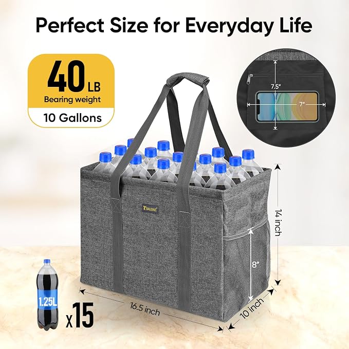 BALEINE Extra Large Utility Tote Bag with Reinforced Wire Frame, Reusable Grocery Bag for Shopping, Picnic (Grey, 16.5''x14''x10'') - Image 5
