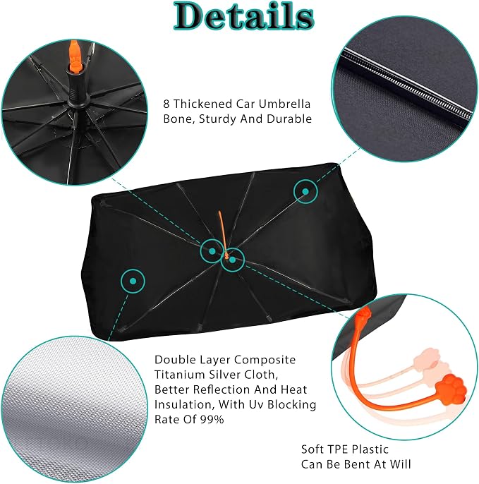 Socira American Flag Car Windshield Sunshade Umbrella Foldable Black | Umbrella Sun Shade Cover Patriotic Sunshade Front Window Cover Interior Blocks Uv Rays Keeps Cool (57" X 30") - Image 5