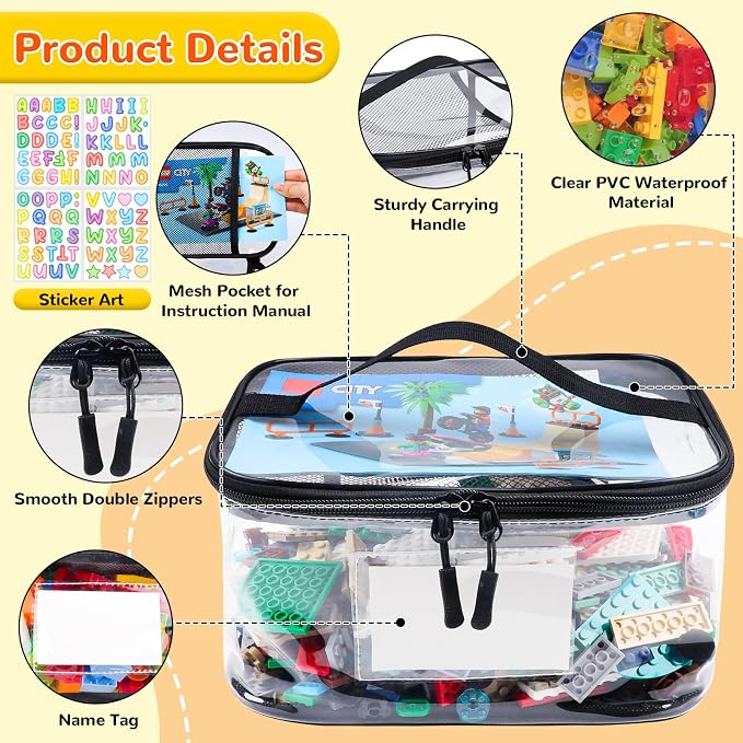 Tesuko 6 Pack Clear Toy Storage Bag with Name Tag& Manual Pocket, Waterproof Transparent PVC Toy Organizer Case for Lego Bricks, Board Games, Building Blocks, Puzzles (Large Capacity, Black) - Image 4