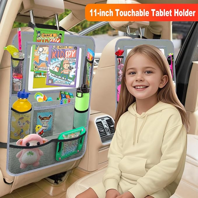 Car Backseat Organizer ，2 Pack Car Organizer Back Seat with 11" Tablet Holder, 10 Storage Pockets Seat Back Protectors Kick Mats for Kids Toddlers, Travel Accessories (Grey) - Image 2