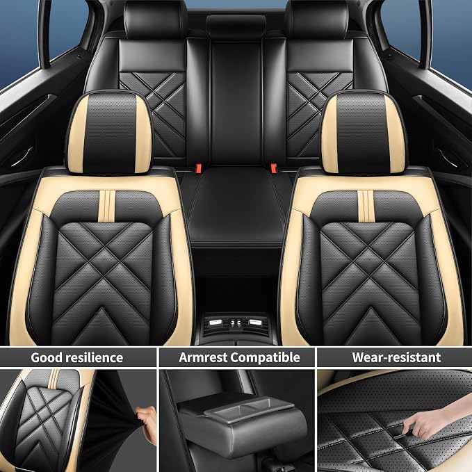 Soul Car Seat Covers Fit for Kia Soul 2010-2026, Premium Full Coverage Leather Automotive Seat Protectors, All Seasons Waterproof Breathable, Airbag Compatible, Full Set Seats Black Beige - Image 4