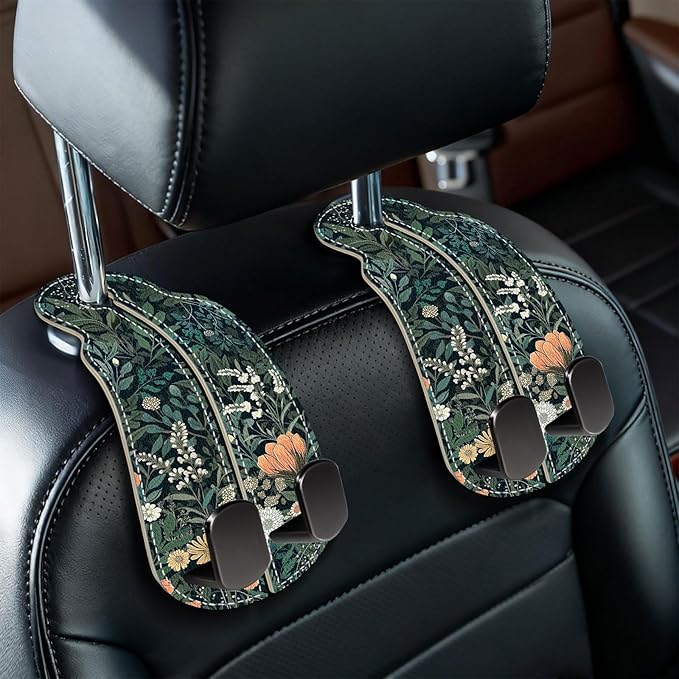 Blusabaca 2PCS Car Hooks for Purses Bags, Weeds Floral Flowers Wildflowers Plants Seat Back Storage Headrest Holder Hanger PU Leather Double Backseat Organizer, Women Car Accessories Organization by Blusabaca
