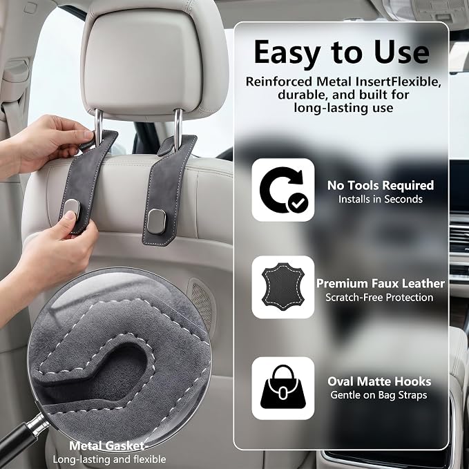 Purse Hook for Car Seat Headrest, Suede Car Purse Hook, Heavy Duty Car Hook Organizer for Handbags, Grocery Bags & Backpacks, Universal Car Hooks for SUV Truck Interior(Gray,2pcs) - Image 5