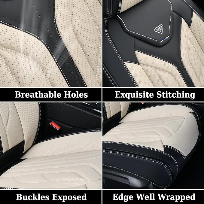 Coverado Seat Covers, Car Seat Covers Full Set, Leather Seat Covers for Cars, Automotive Seat Covers Car Seat Protector Car Accessories Fit for Most Sedans SUV Pick-up Truck(Black&Beige) - Image 8